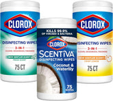 Clorox Disinfecting Cleaning Wipes, Bleach Free, Crisp Lemon, Fresh Scent, Scentiva Coconut and Waterlily, 75 Count Each (Package May Vary)