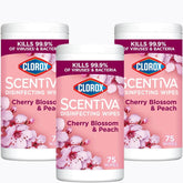 Clorox Scentiva Disinfecting Wipes, Cherry Blossom and Peach, Antibacterial, 75 Count (Pack of 3)