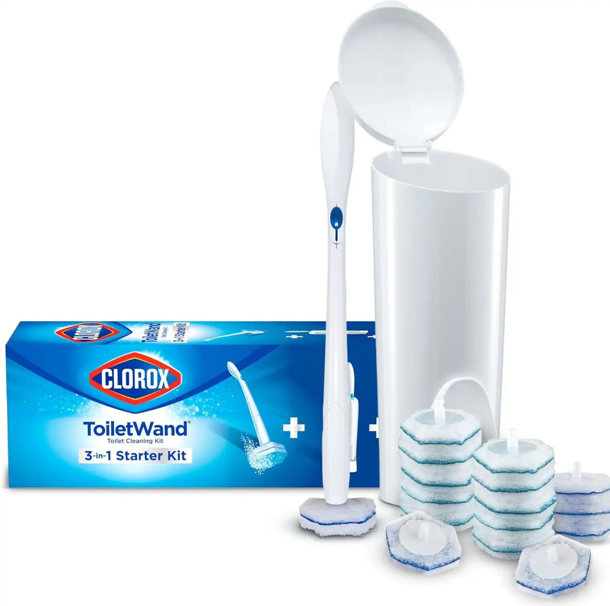 CLOROX ToiletWand Disposable Toilet Cleaning System, Spring Cleaning Essential, ToiletWand, Storage Caddy, and 16 Disinfecting-ToiletWand Scrubbing Pad Refills (Pack of 6)