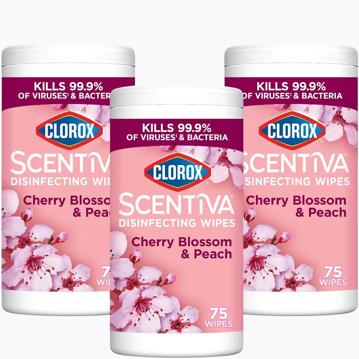 Clorox Scentiva Disinfecting Wipes, Cherry Blossom and Peach, Antibacterial, 75 Count (Pack of 3)