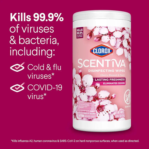 Clorox Scentiva Disinfecting Wipes, Cherry Blossom and Peach, Antibacterial, 75 Count (Pack of 3)