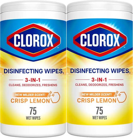CLOROX Disinfecting Wipes, Bleach Free Cleaning Wipes, Crisp Lemon, 75 Count (Package May Vary) (Pack of 2)