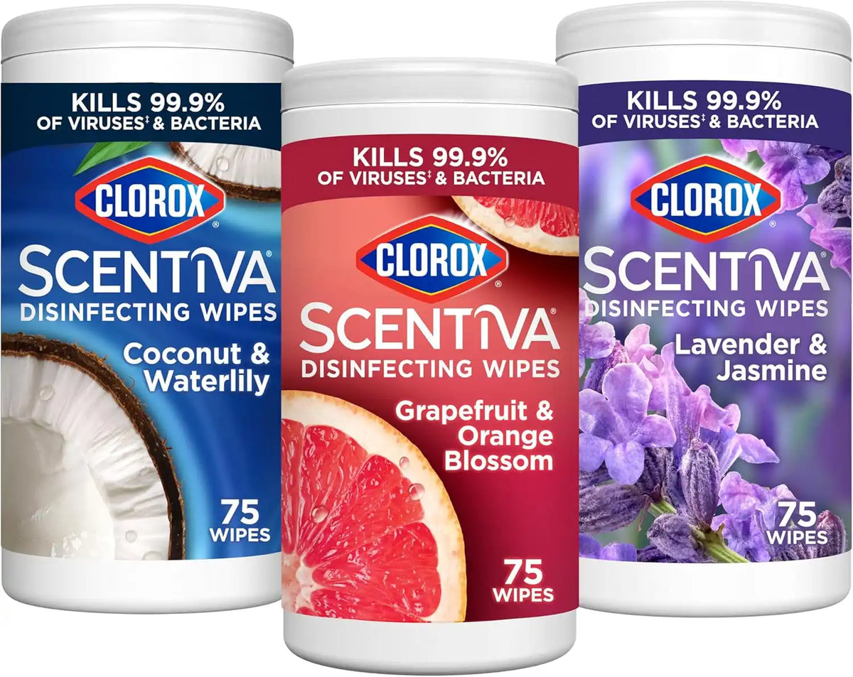 Clorox Scentiva Disinfecting Wipes, Lavender and Jasmine, Grapefruit and Orange Blossom, and Coconut and Waterlily, 75 Count Each, Pack of 3 (Package May Vary)